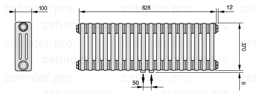 Схема (чертеж) Радиатор Zehnder Charleston 3037/18 №5410 Белый глянцевый RAL 9016